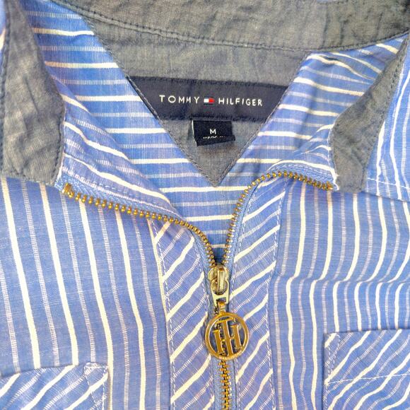 Tommy Hilfiger Half Zip Roll Tab Preppy Blue Stripe Logo Blouse Coastal Womens M - Picture 2 of 5